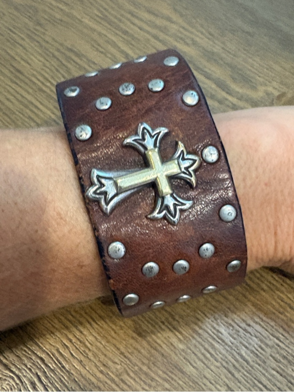 Men's Brown Leather Studded Cuff Bracelet with Cross Accent - Picture 4 of 4